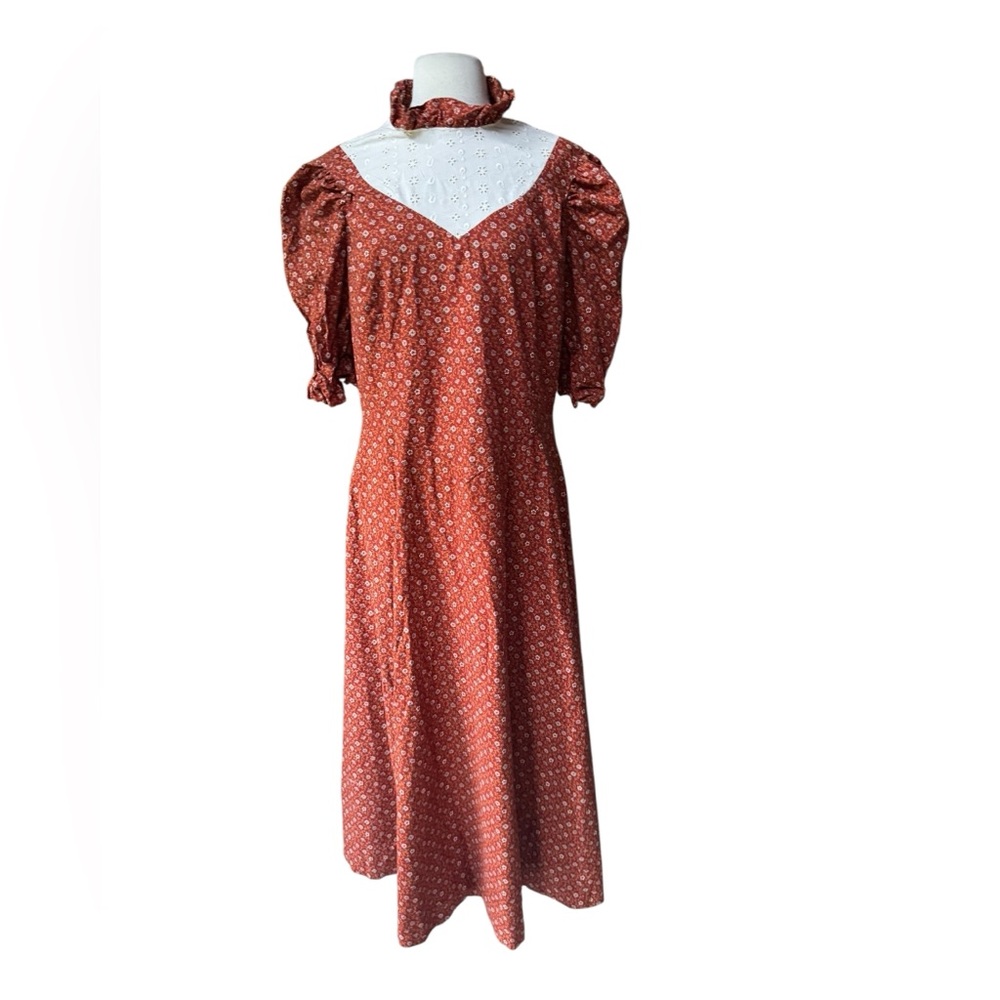 1970s Handmade Cotton Floral Eyelet‎ Ruffle Neck & Arm Prairie/Cottagecore Dress
